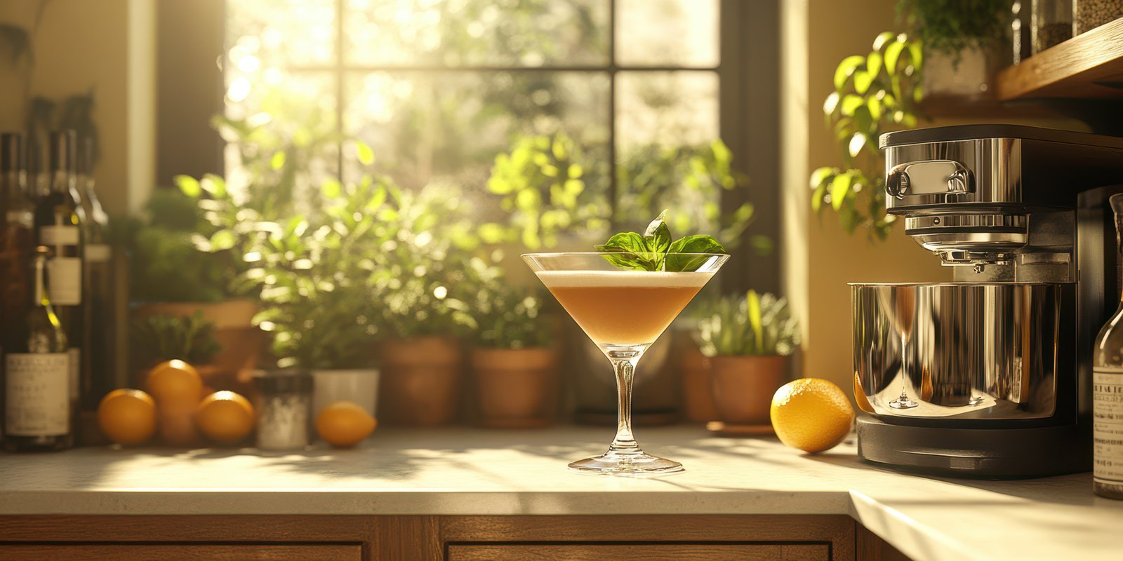 Refreshing cocktail on a sunlit kitchen counter with herbs and citrus fruits in the background